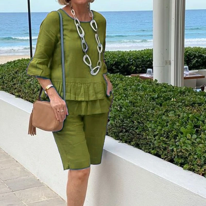 Fashion Simple Solid 2Pc Set Elegant O-neck Ruffle Pullover Tops & Pocket Shorts Pant Suit Women Casual 3/4 Sleeve Loose Outfits
Fashion Simple Solid 2Pc Set Elegant O-neck Ruffle Pullover Tops & Pocket Shorts Pant Suit Women Casual 3/4 Sleeve Loose Outfits