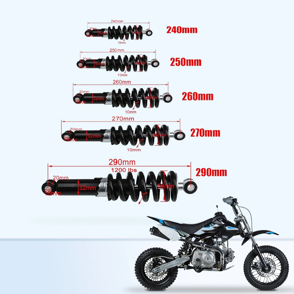 Universal Shock Absorber 240/250/260/270/290mm1200LBS For Dirt Pit Bike Scooter Motorcycle Rear Fork Protector
Universal Shock Absorber 240/250/260/270/290mm1200LBS For Dirt Pit Bike Scooter Motorcycle Rear Fork Protector