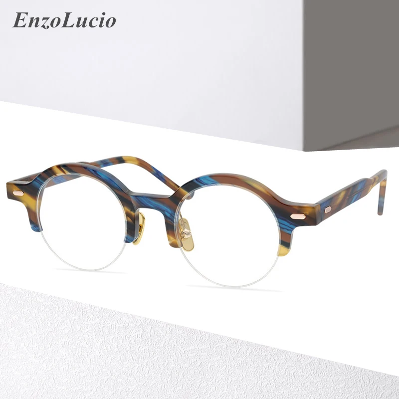 

Acetate Half Rim Optical Glasses Frame Men Retro Round Myopia Prescription Eyeglasses Women Vintage Semi Rimless Korean Eyewear