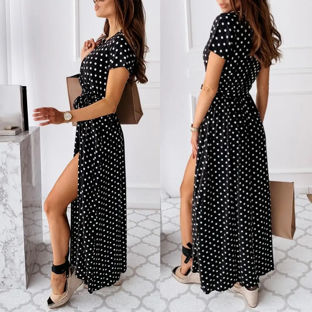 

Women Dress Short Sleeve Fashion Front Slit Long Dress V Neck Belt Dots Print Front Slitting Hem Long Dress