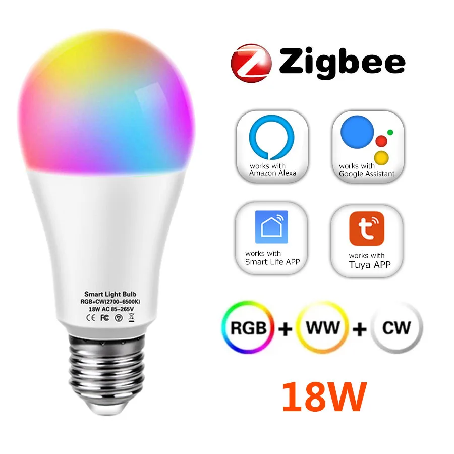 18W Zigbee LED Lamp Tuya Smart Home LED Bulbs E27 RGB+WW+CW Dimmable Lamp Voice Control Compatible With Alexa Google Assistant
18W Zigbee LED Lamp Tuya Smart Home LED Bulbs E27 RGB+WW+CW Dimmable Lamp Voice Control Compatible With Alexa Google Assistant