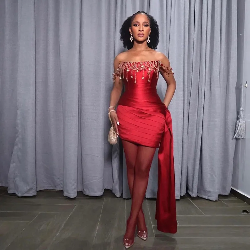 Burgundy Strapless Short Mermaid Party Dress Beads Tassel Mini Length Satin Africa Evening Dresses vestido de festa de casamento
Burgundy Strapless Short Mermaid Party Dress Beads Tassel Mini Length Satin Africa Evening Dresses vestido de festa de casamento