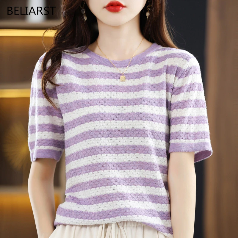 BELIARST Summer New Short-sleeved Women's Round neck Striped Knitted Strands Empty Top Fine Spun Wool Fashion Loose Casual Vest
BELIARST Summer New Short-sleeved Women's Round neck Striped Knitted Strands Empty Top Fine Spun Wool Fashion Loose Casual Vest