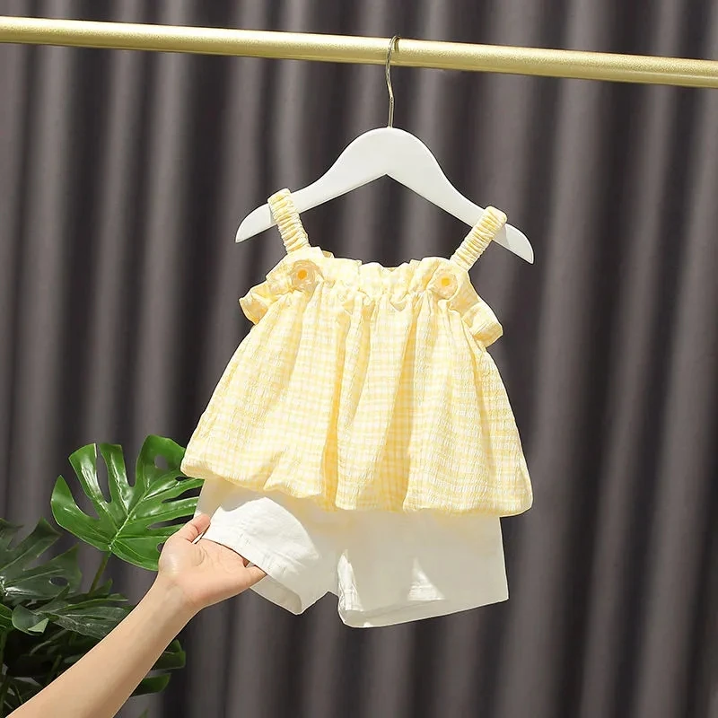 Girls Summer Suit Girls Cute Plaid Casual Clothing Sets Children's Cotton Korean Sling Twopiece Clothing Sets Kids Clothes Girls
Girls Summer Suit Girls Cute Plaid Casual Clothing Sets Children's Cotton Korean Sling Twopiece Clothing Sets Kids Clothes Girls