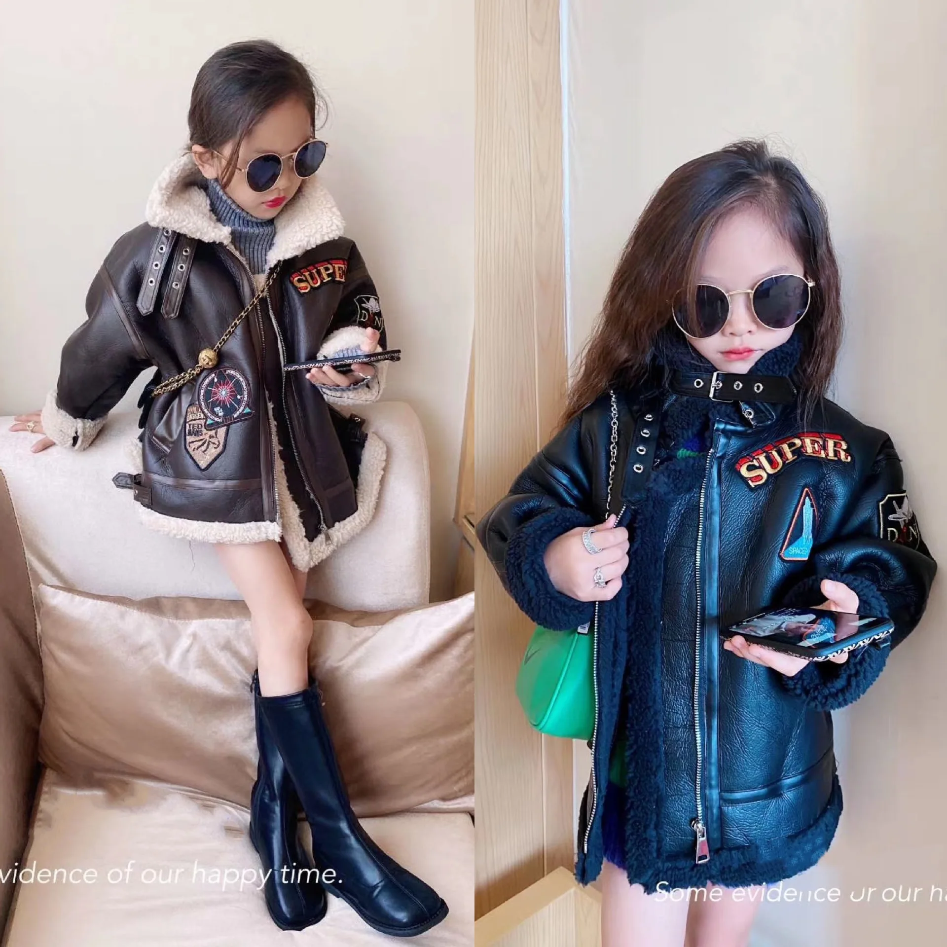 Faux Fur Jacket Girls Winter Lamb Wool Thick Locomotive Lapel Long Sleeve Children Coat Black Coffee PU Outerwear For Kids 
Faux Fur Jacket Girls Winter Lamb Wool Thick Locomotive Lapel Long Sleeve Children Coat Black Coffee PU Outerwear For Kids
