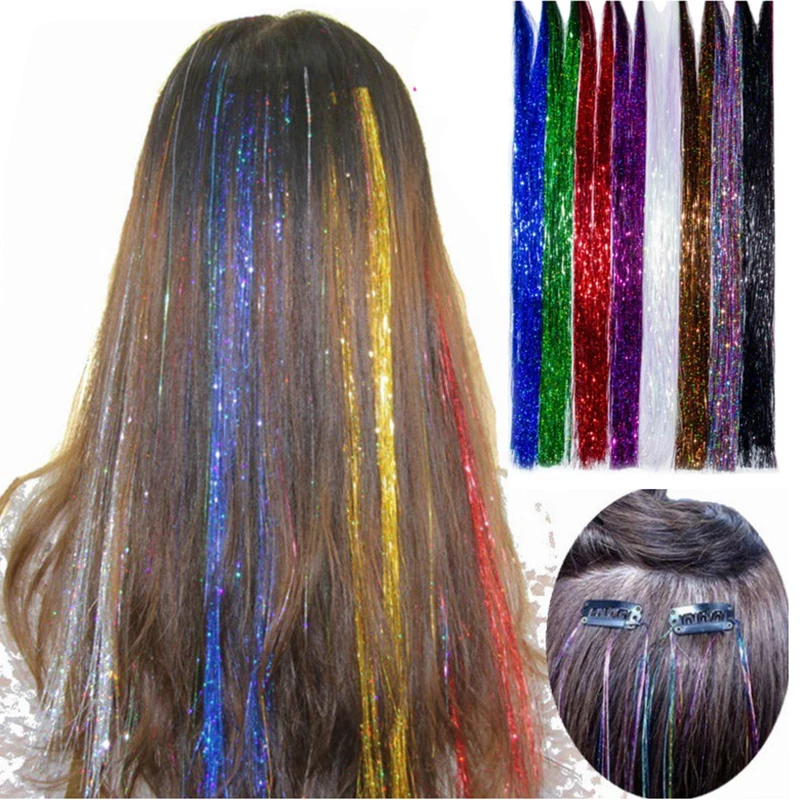 

Rainbow Colored Sparkle Hair Tinsel Strands Girl Headwear Hair Laser False Hair Extensions Bling Decoration Glitter Strips Party