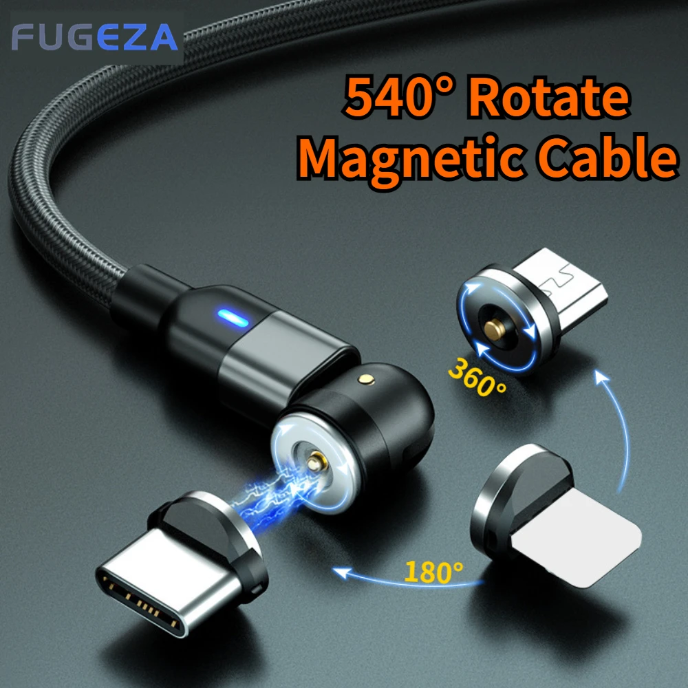 

Магнитный кабель FUGEZA с поворотом на 540 градусов, 3 А, кабель Micro USB Type-C для быстрой зарядки IPhone, Xiaomi, Магнитный провод для зарядного устройства, шнур