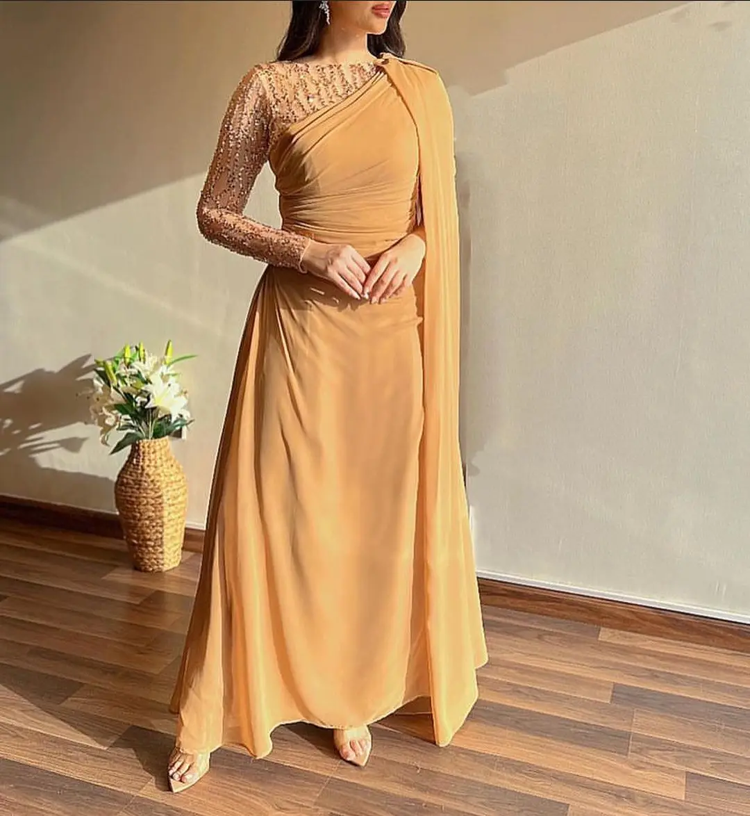 Vintage Long Sleeves O-Neck Prom Dresses Beadings Sequins Chiffon Pleated Floor Length vestidos de novia Party Dresses
Vintage Long Sleeves O-Neck Prom Dresses Beadings Sequins Chiffon Pleated Floor Length vestidos de novia Party Dresses