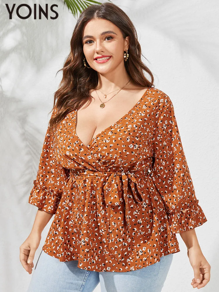 

YOINS Plus Size Elegant Party Blouse Women Autumn Puff Sleeve Bohemian Printed Shirt Belted Tunic Top Sexy V Neck Casual Blusas