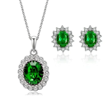 Fashion Womens Rhinestone Grandmother Emerald Pendant Necklace Earrings Set for Women Wedding Valentines Day Gift Jewelry Set