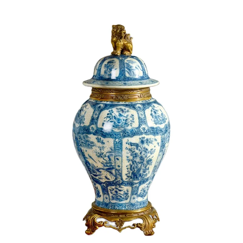 Newest designs blue and white luxury brass and porcelain jar with copper Lion cover and ceramic decorative jars for home decor
Newest designs blue and white luxury brass and porcelain jar with copper Lion cover and ceramic decorative jars for home decor