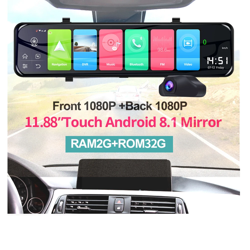 

11.88 inch IPS Car Rearview Mirror Z70 4G Car DVR Camera GPS Navigator Android 8.1 WiFi BT ADAS 2G+32GB Dash Cam Video Recorder