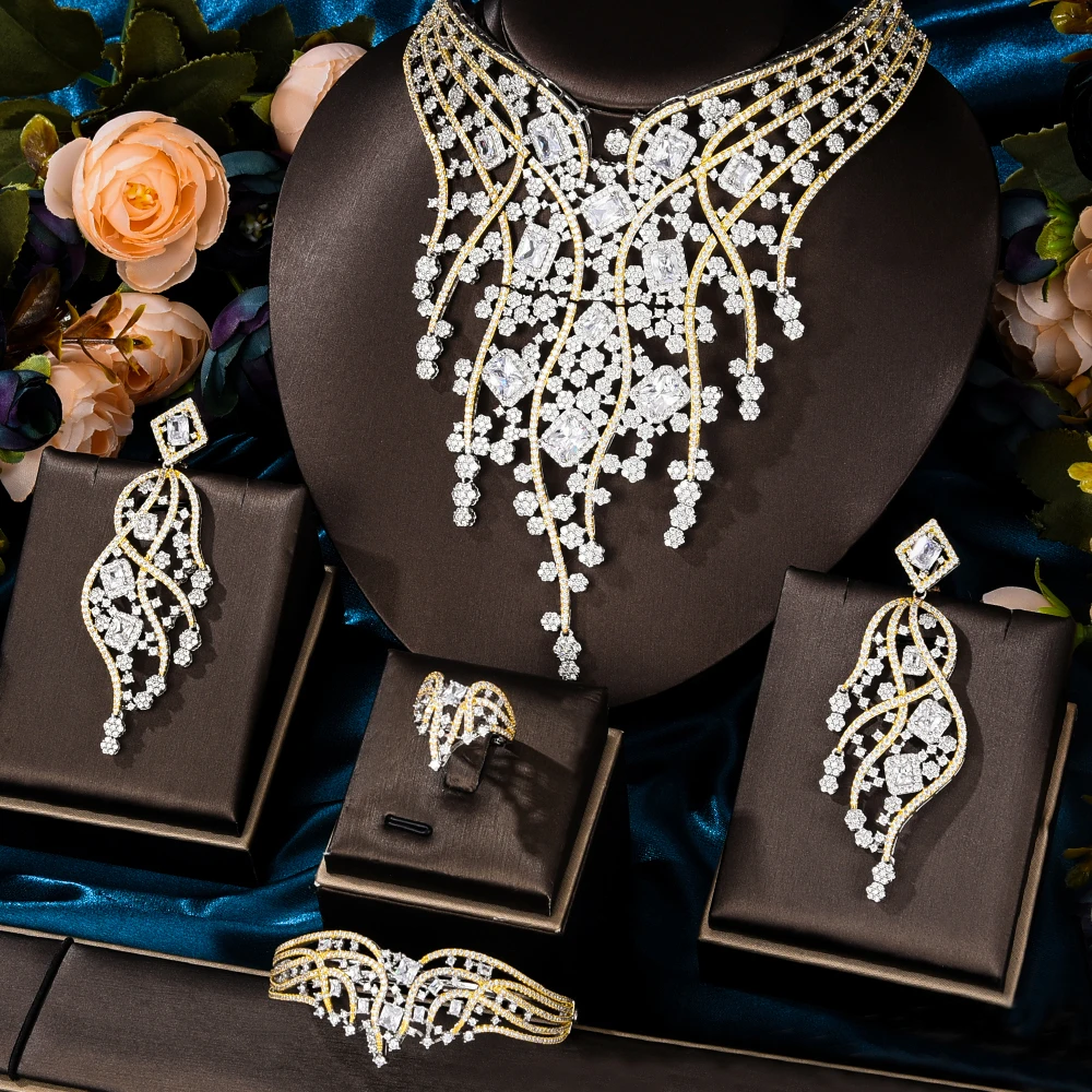 

Siscathy 2022 Indian Bride Necklace Wedding Party Dress Luxury Jewelry Set For Women Full Cubic Zircon Collars Bracelets Earring