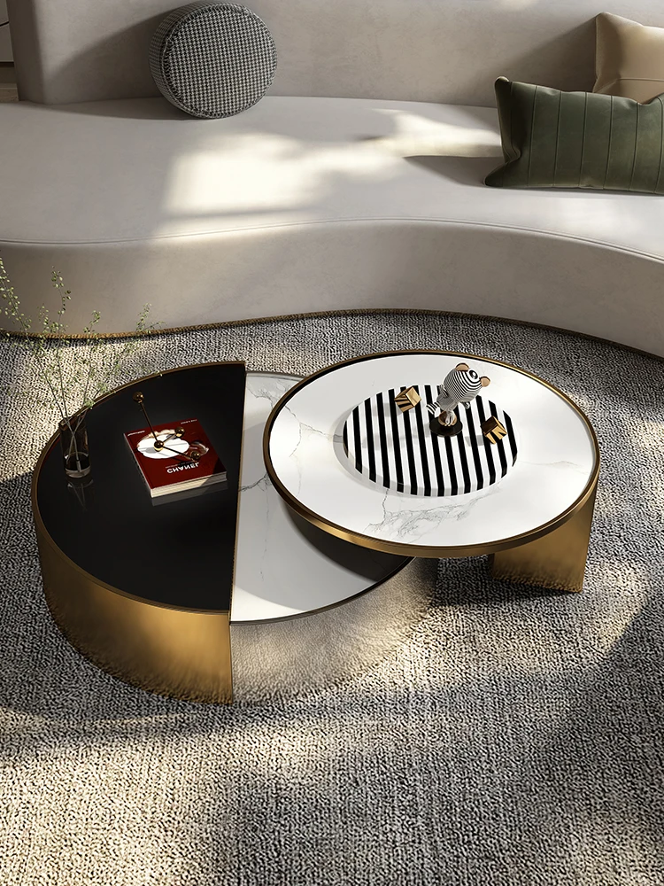 Light extravagance simple designer tempered glass rock plate splicing stainless steel round living room coffee table
Light extravagance simple designer tempered glass rock plate splicing stainless steel round living room coffee table