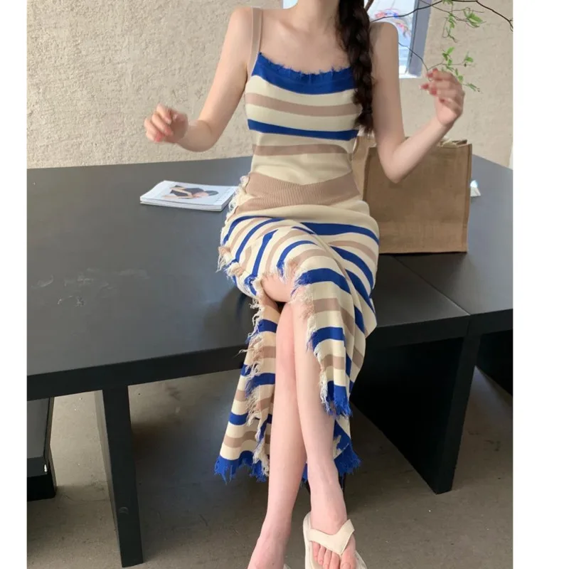 2023 Spring Dress New Women's Stripe Contrast Split Knitted Sling Fringe Dresses Women's Long Sexy Sweet Girls' Hip Wrap Dres
2023 Spring Dress New Women's Stripe Contrast Split Knitted Sling Fringe Dresses Women's Long Sexy Sweet Girls' Hip Wrap Dres