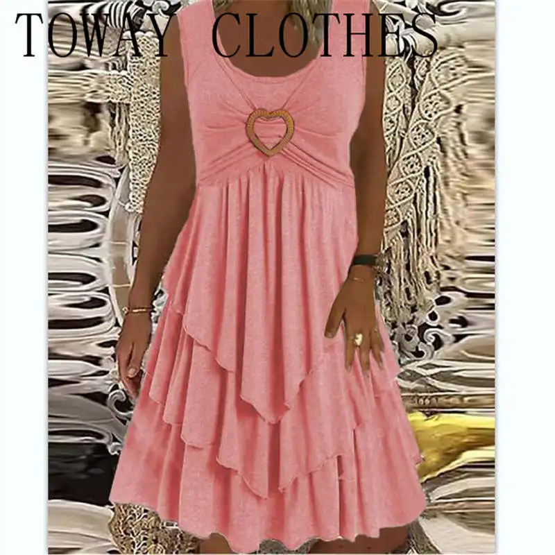 Sleeveless pleated layered U-neck elegant daily A-line dress Solid color medium length casual dress
Sleeveless pleated layered U-neck elegant daily A-line dress Solid color medium length casual dress