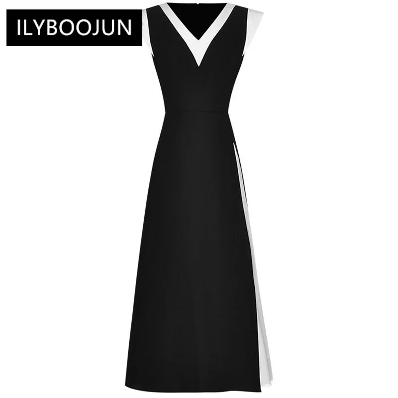 

Летнее модное Дизайнерское черное винтажное женское платье с V-образным вырезом, праздничное тонкое ТРАПЕЦИЕВИДНОЕ длинное платье с завышенной талией