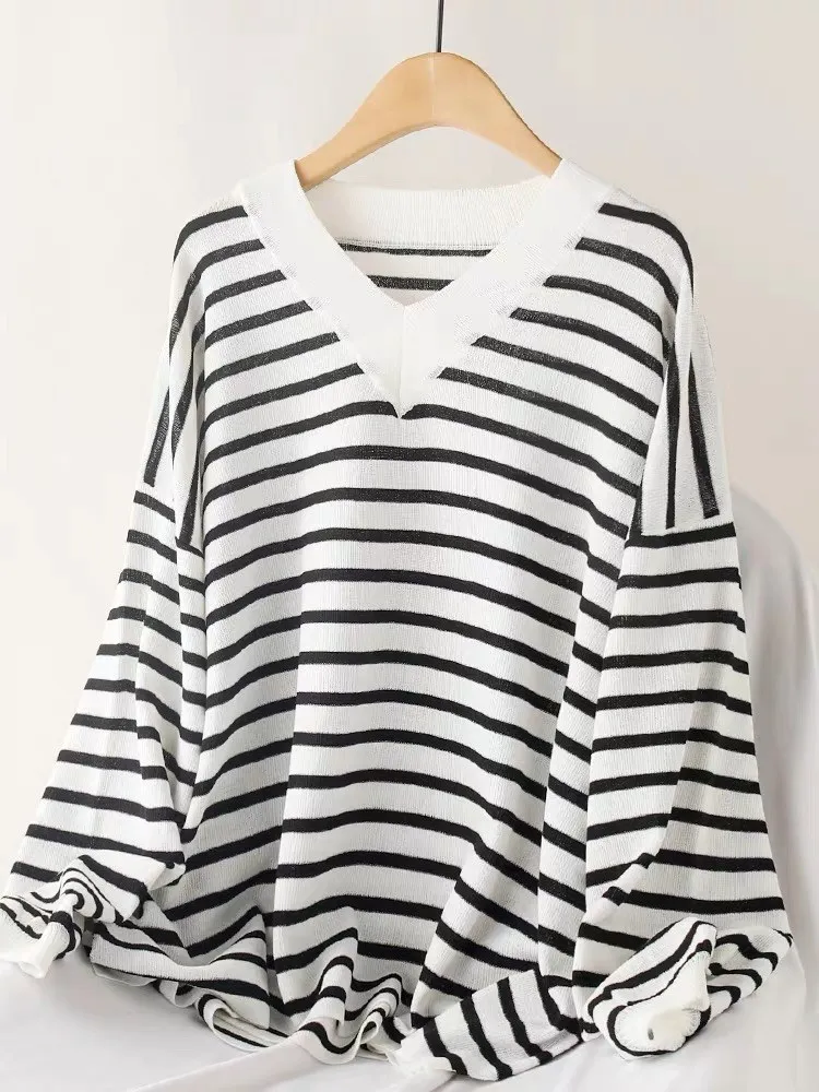 Striped Ice Silk Sweater Women's 2023 Spring and Autumn Korean Style Commuter V neck Pullover Loose and Idle Korean Style Top
Striped Ice Silk Sweater Women's 2023 Spring and Autumn Korean Style Commuter V neck Pullover Loose and Idle Korean Style Top