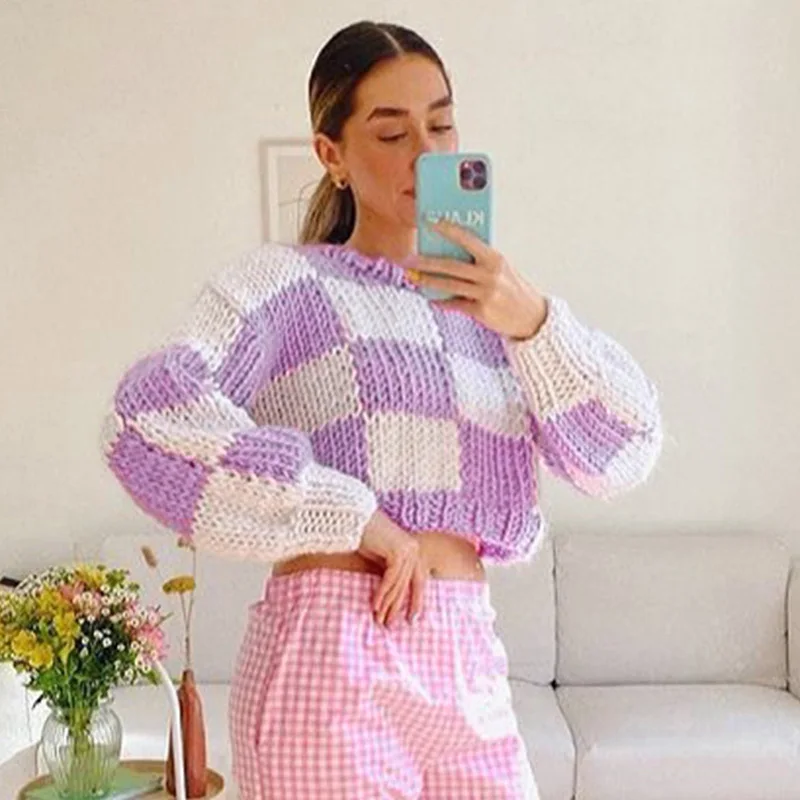 Gothic Grunge Punk Purple White Plaid Knitted Sweater for Women Girls Chic Streetwear Fashion Y2k Aesthetic Sweaters Pullovers
Gothic Grunge Punk Purple White Plaid Knitted Sweater for Women Girls Chic Streetwear Fashion Y2k Aesthetic Sweaters Pullovers