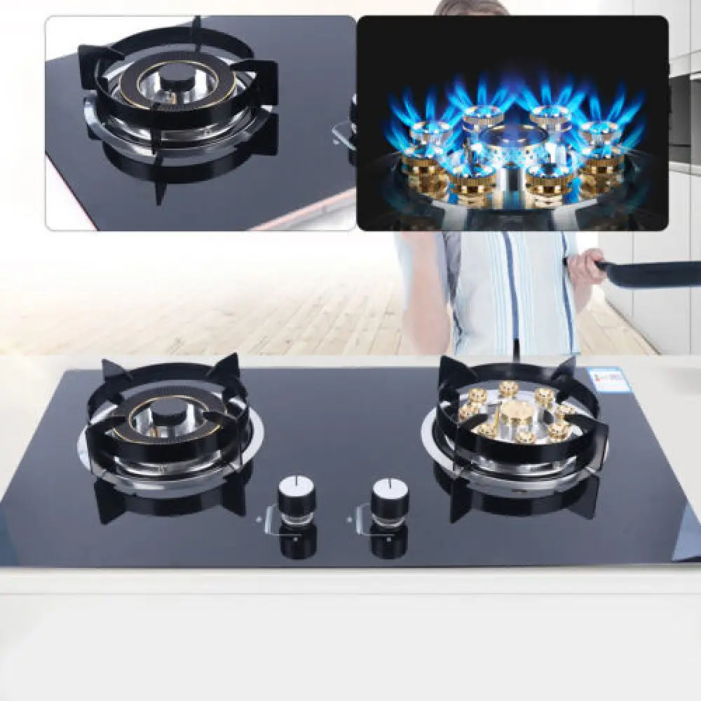 

Black Energy-saving & Strong Flame Cooktop Top 2-burner Built-in Natural Cooker Gas Stove 730x410mm W/ Anti-tempering Protection