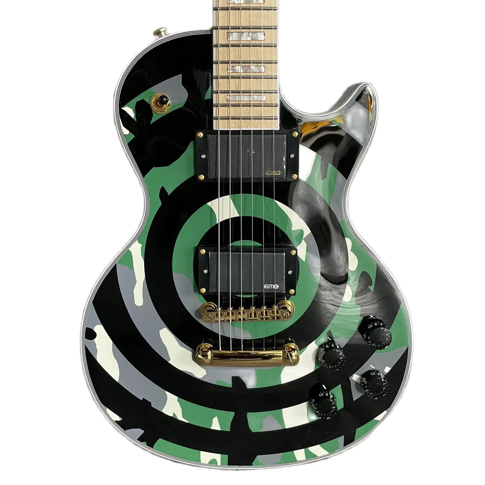 Камуфляжная электрогитара Les Paul Wylde Zakk Bullseye, электрогитара с индивидуальной отделкой
Камуфляжная электрогитара Les Paul Wylde Zakk Bullseye, электрогитара с индивидуальной отделкой