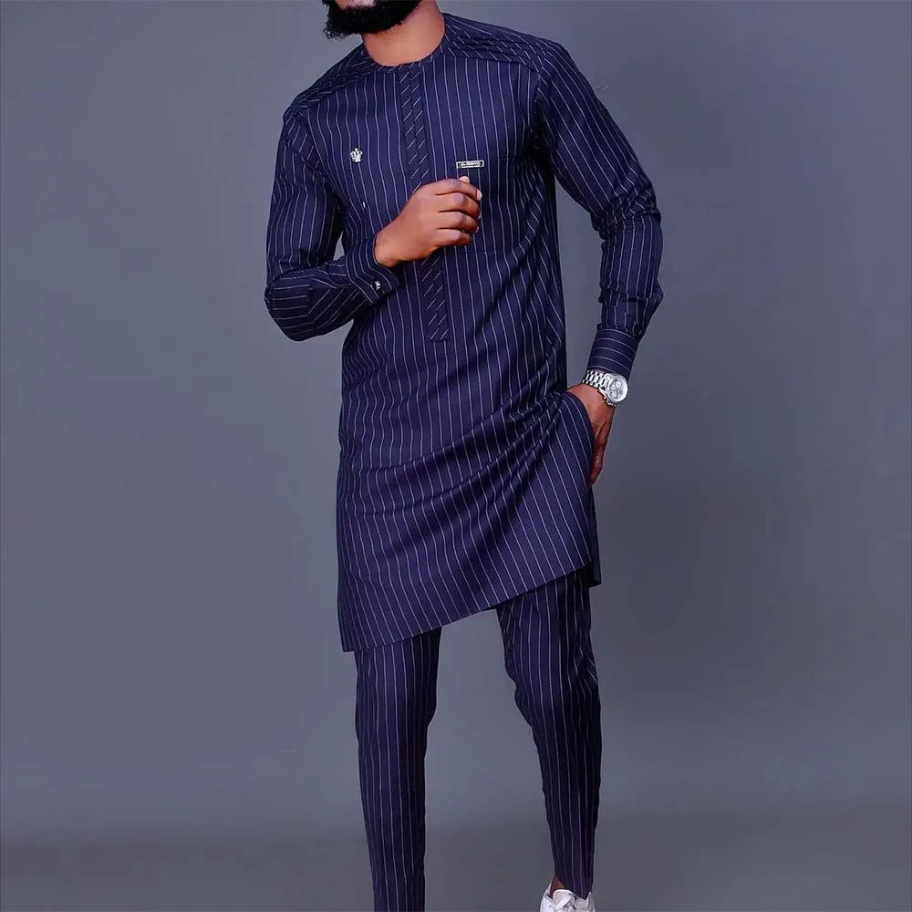 Fashion Muslim Two Piece Set Black Stripe Print Dark Blue Long Sleeve Dashiki African Ethnic Men's Suit Mid-eastern 
Fashion Muslim Two Piece Set Black Stripe Print Dark Blue Long Sleeve Dashiki African Ethnic Men's Suit Mid-eastern