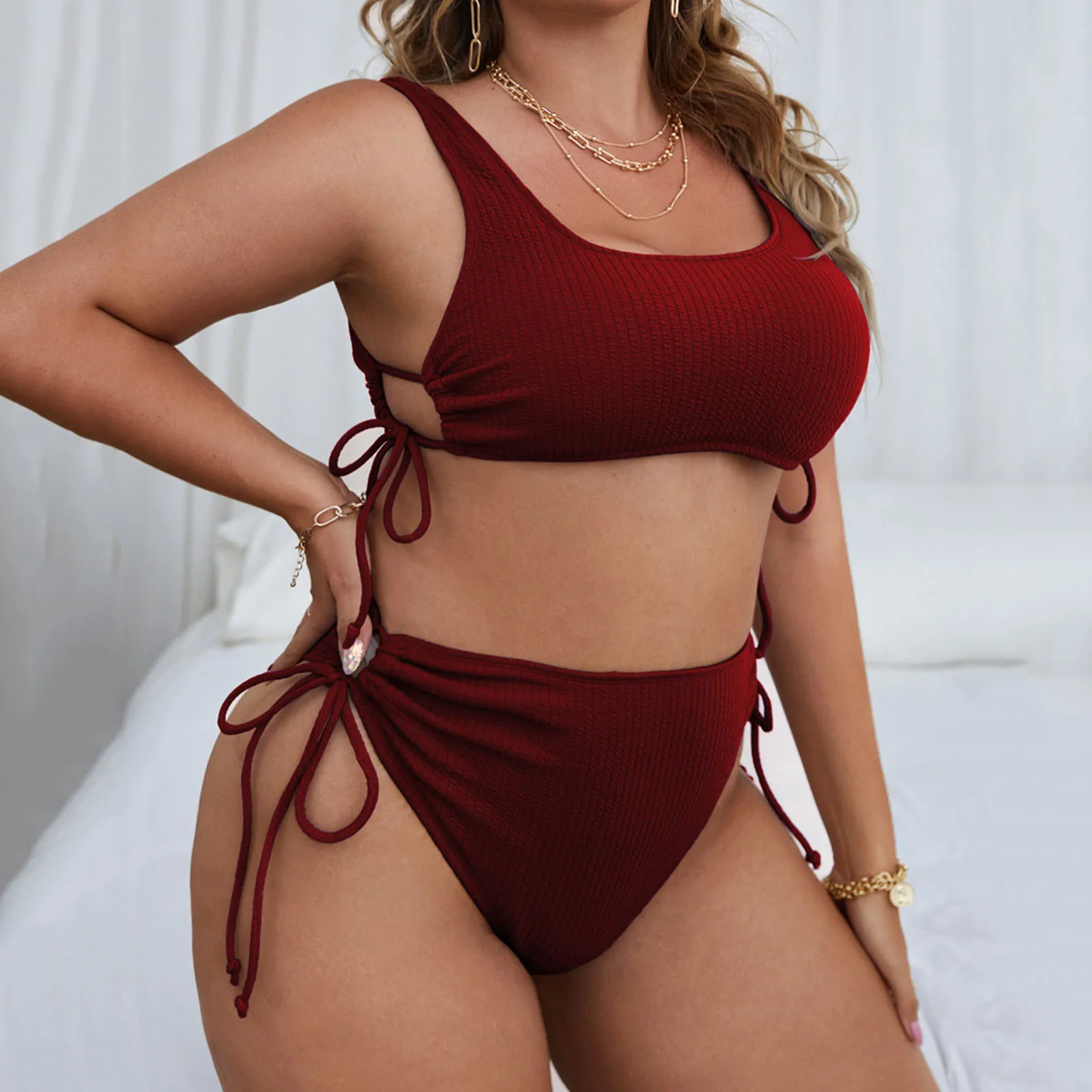 Plus Size Women High Waist Swimsuit Bikini Solid Color Tie Side Brief Bra Suit Women's Bathing Suit
Plus Size Women High Waist Swimsuit Bikini Solid Color Tie Side Brief Bra Suit Women's Bathing Suit