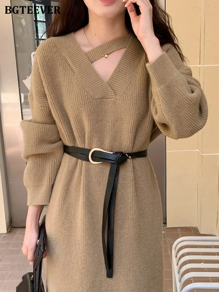 BGTEEVER Fashion V-neck Female Knitted Dresses Full Sleeve Loose Belted Straight Sweater Dress Women Autumn Winter Vestidos
BGTEEVER Fashion V-neck Female Knitted Dresses Full Sleeve Loose Belted Straight Sweater Dress Women Autumn Winter Vestidos