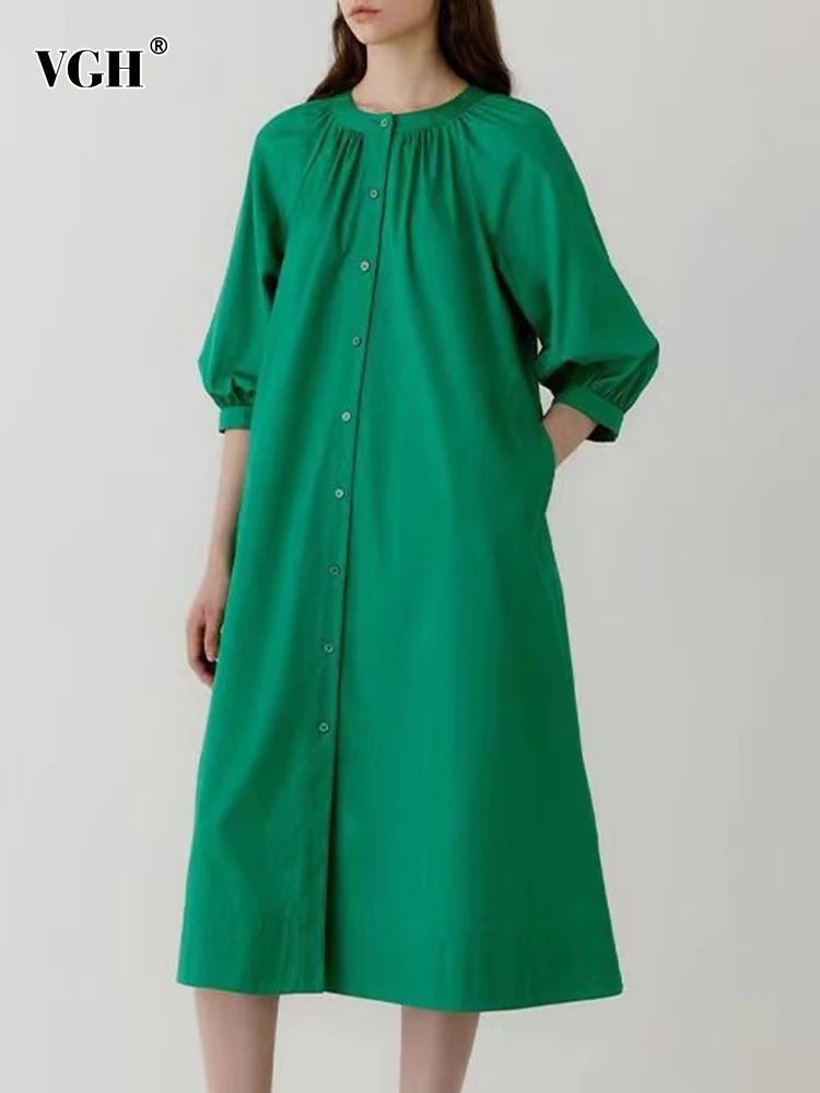VGH Soild Casual Dresses For Women Round Neck Puff Sleeve High Waist Patchwork Single Breasted Loose A Line Midi Dress Female
VGH Soild Casual Dresses For Women Round Neck Puff Sleeve High Waist Patchwork Single Breasted Loose A Line Midi Dress Female