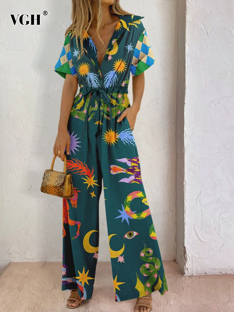 VGH Hit Color Printing Loose Jumpsuits For Women Lapel Short Sleeve High Waist Patchwork Drawstring Casual Jumpsuit Female New
VGH Hit Color Printing Loose Jumpsuits For Women Lapel Short Sleeve High Waist Patchwork Drawstring Casual Jumpsuit Female New