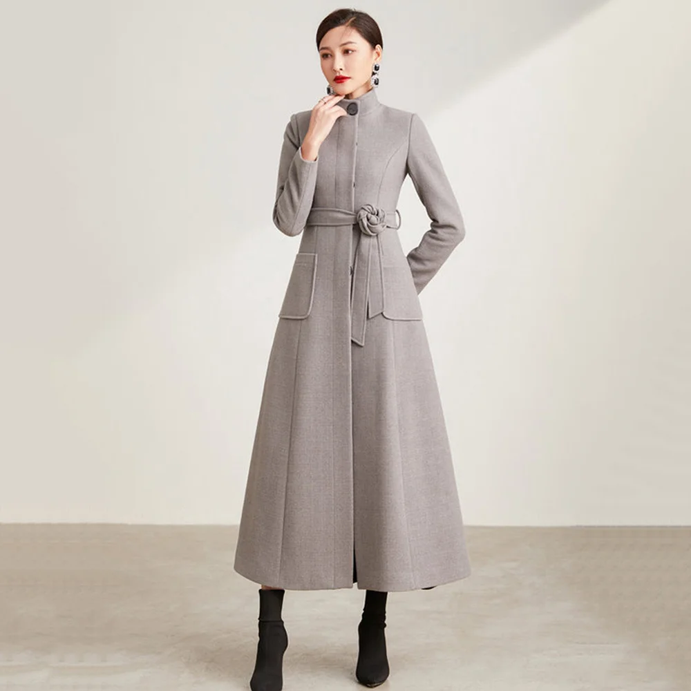 Women New Wool Coat Autumn Winter Fashion Elegant Gray Stand Collar Belt Woolen Overcoat Slim Long Wool Blends Outerwear Female
Women New Wool Coat Autumn Winter Fashion Elegant Gray Stand Collar Belt Woolen Overcoat Slim Long Wool Blends Outerwear Female