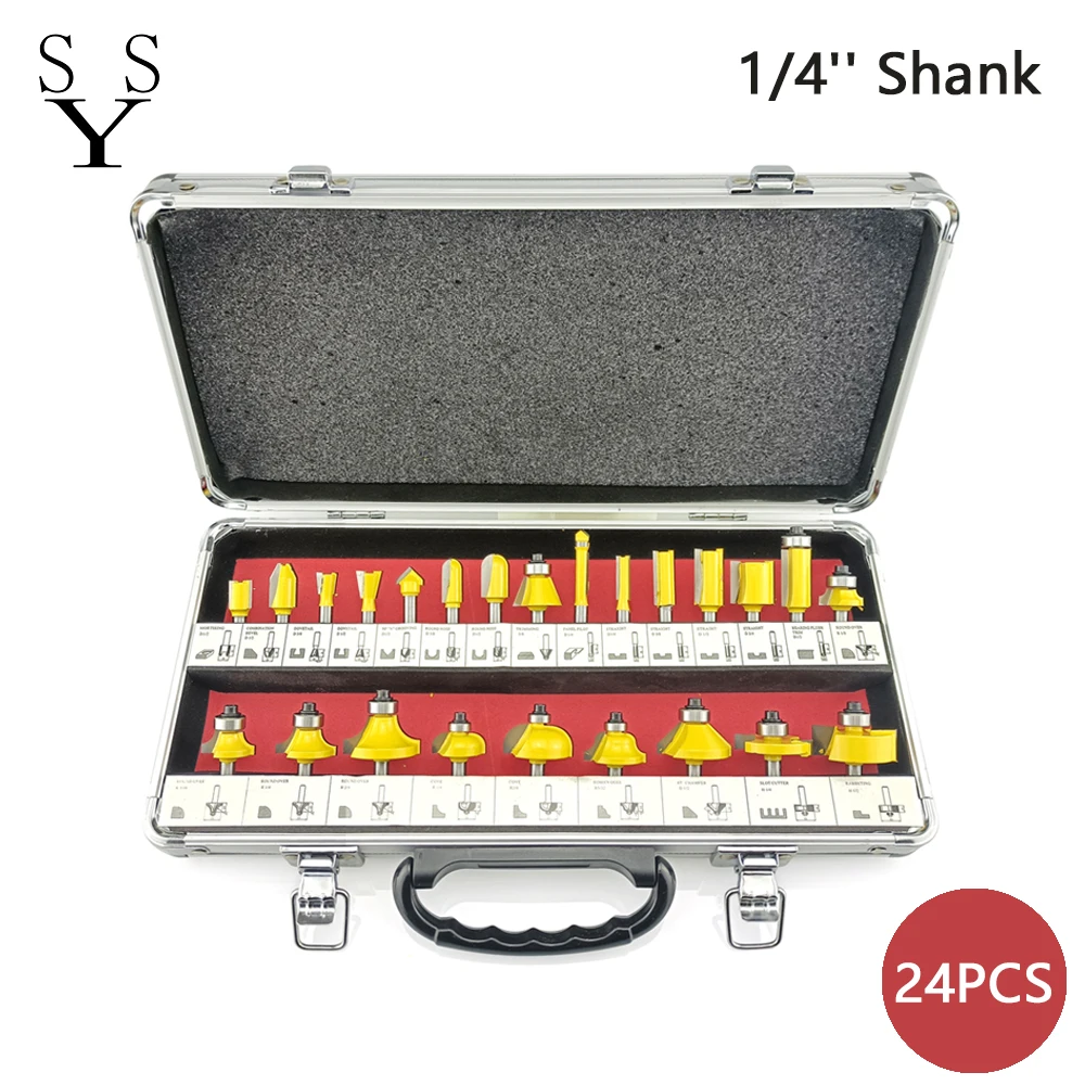 24Pcs 6.35mm Router Bit Set Wood Milling Cutter Wood Cutters Bearings Wooden for Trimming Straight Cutting Woodworking Tools
24Pcs 6.35mm Router Bit Set Wood Milling Cutter Wood Cutters Bearings Wooden for Trimming Straight Cutting Woodworking Tools