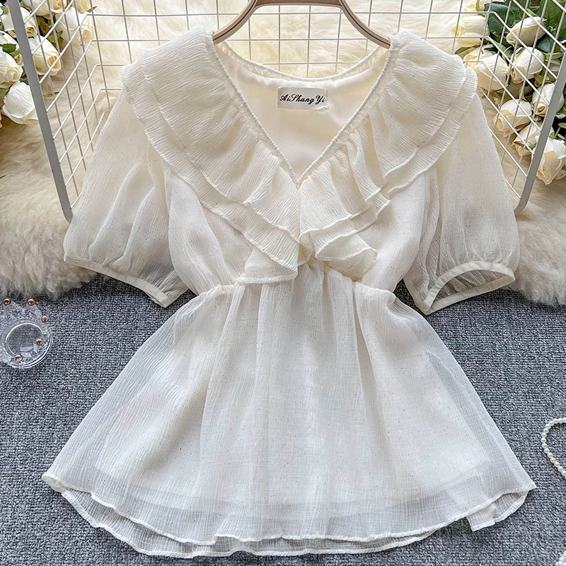 Summer New French Edible Tree Fungus Slim Blouse Sweet Lantern Short Sleeve Tops Vintage Ruffle V-Neck Solid Chiffon Shirt 26653
Summer New French Edible Tree Fungus Slim Blouse Sweet Lantern Short Sleeve Tops Vintage Ruffle V-Neck Solid Chiffon Shirt 26653