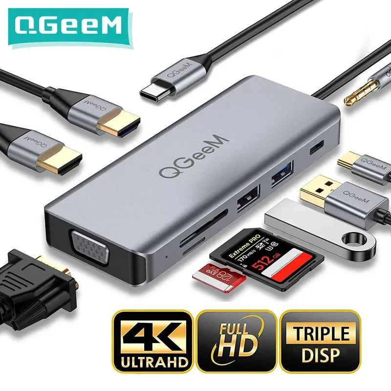 QGeeM USB C Hub for Macbook Pro Air Dual HDMI VGA Micro SD Card Readers Aux PD OTG Multi USB Hub 3.0 Type C Adapter for Notebook
QGeeM USB C Hub for Macbook Pro Air Dual HDMI VGA Micro SD Card Readers Aux PD OTG Multi USB Hub 3.0 Type C Adapter for Notebook