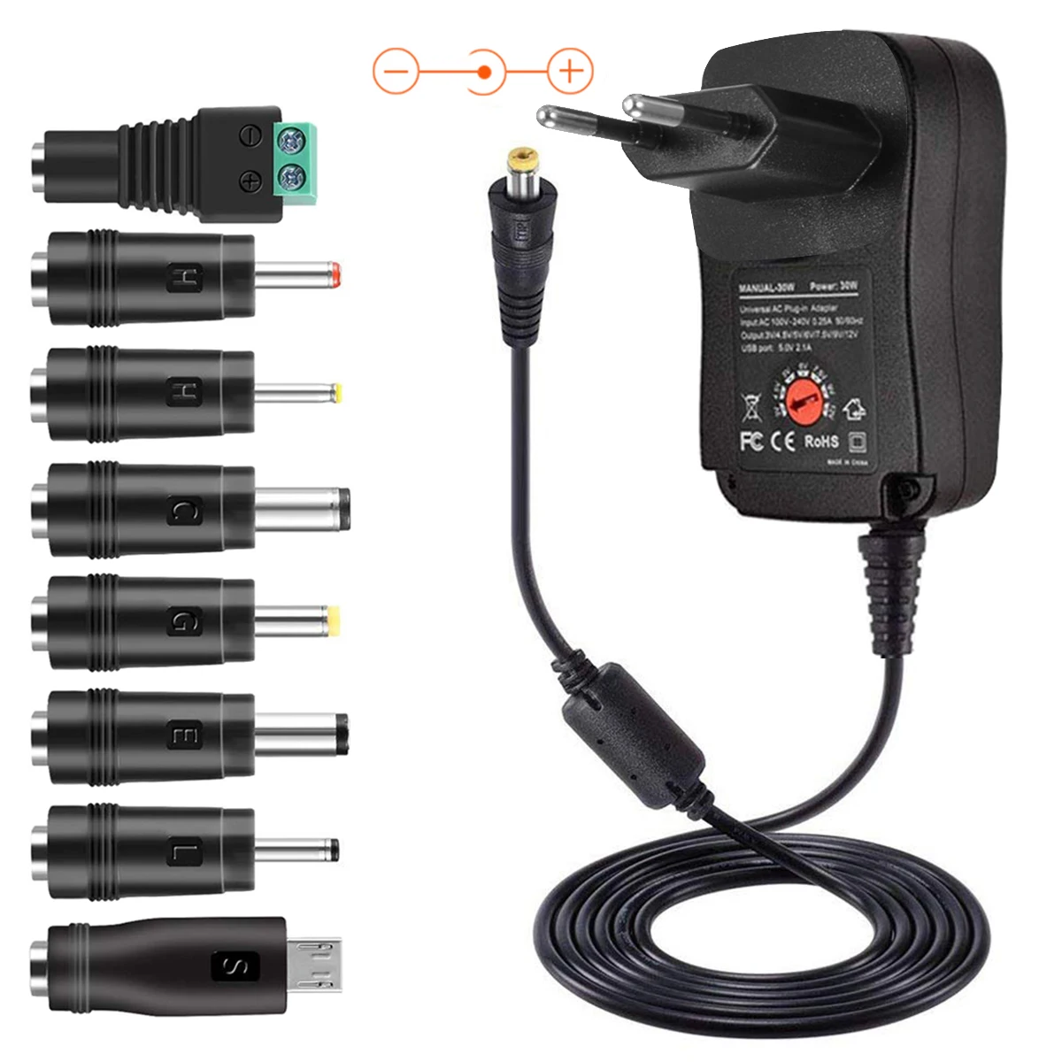 

Universal 30W AC Power Adapter With 8pcs Different Connector Tips 3V/4.5V/5V/6V/7.5V/9V/12V Multi Voltage Charger Converter​