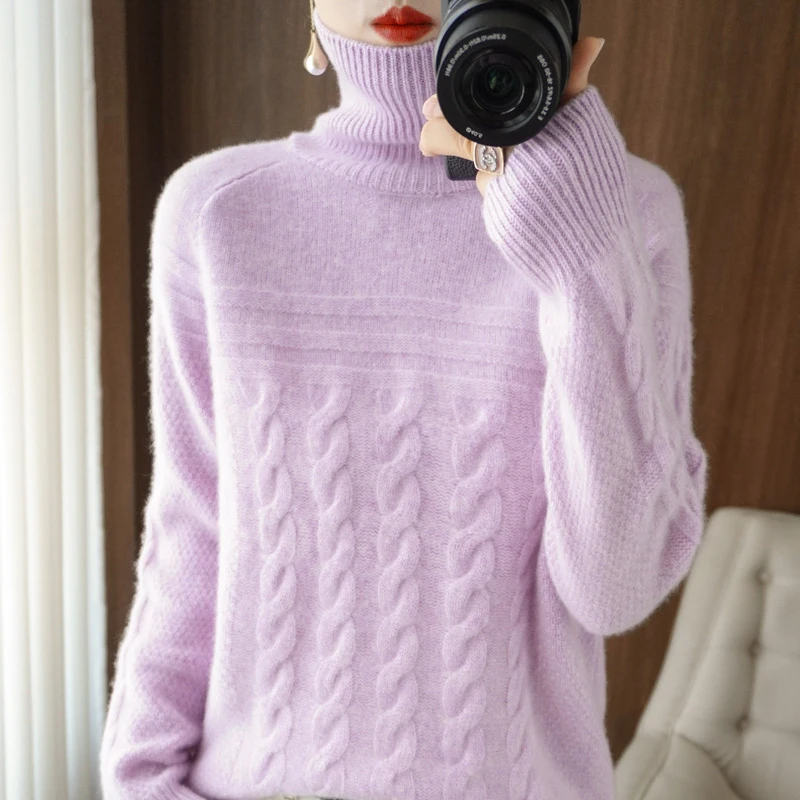 

BELIARST 2022 Winter New Ladies Turtleneck Twisted Thick Knit Pullover 100% Merino Wool Sweater Solid Color Long Sleeve Casual
