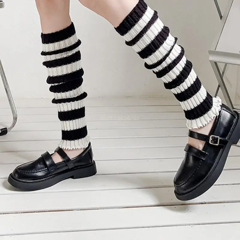 

Women Lolita Goth Punk Leg Warmers Protector Classic Black White Striped Boot Cover Ribbed Knit Ruffled Knee High Socks