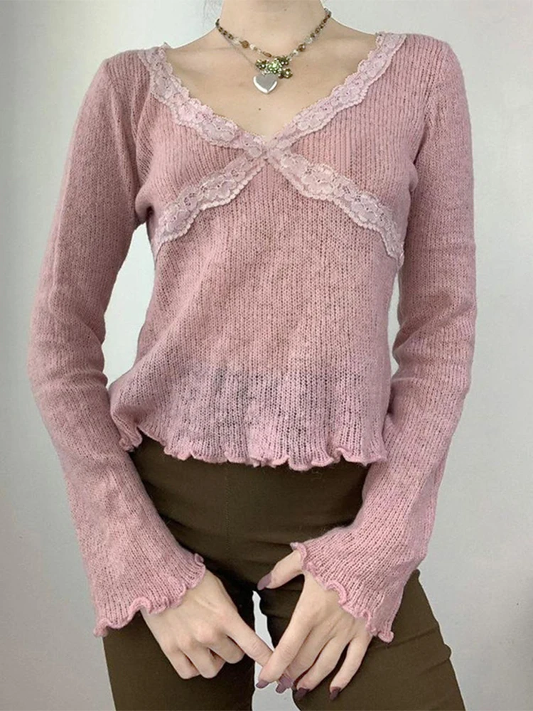 SEASONS Pink Lace Patchwork Women T-shirt V Neck Aesthetic Female Crop Top Knit Elegant Lady Pullovers Chic Streetwear ASTS85992
SEASONS Pink Lace Patchwork Women T-shirt V Neck Aesthetic Female Crop Top Knit Elegant Lady Pullovers Chic Streetwear ASTS85992
