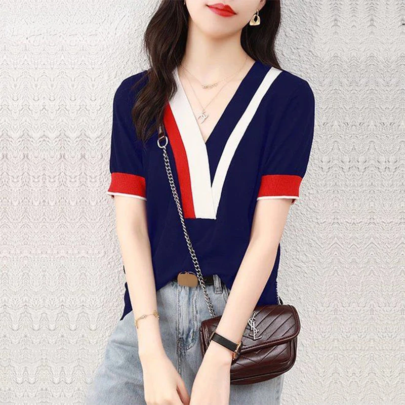 Простая футболка в стиле пэчворк с V-образным вырезом, женский свободный Универсальный пуловер с коротким рукавом, Женская Повседневная модная летняя вязаная футболка N210
Простая футболка в стиле пэчворк с V-образным вырезом, женский свободный Универсальный пуловер с коротким рукавом, Женская Повседневная модная летняя вязаная футболка N210