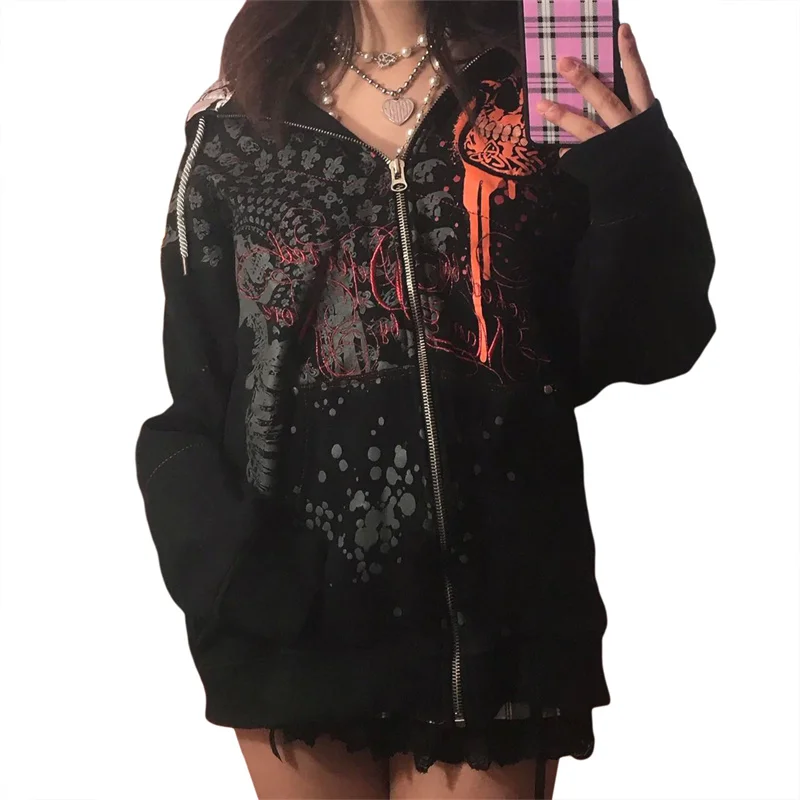 Women Hoodies Sweatshirts Vintage Goth Graphic Print Coats Female Long Sleeve Zip Up Loose Tops Outwear for Autumn Spring
Women Hoodies Sweatshirts Vintage Goth Graphic Print Coats Female Long Sleeve Zip Up Loose Tops Outwear for Autumn Spring