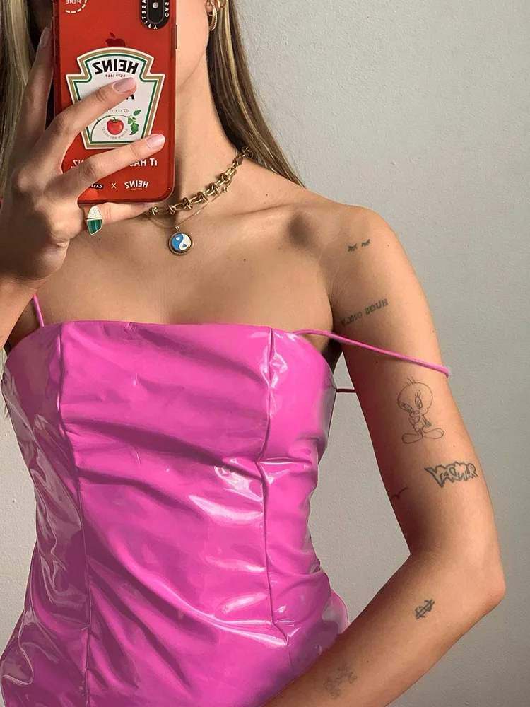 

Sunny y.j. Ruffle Mini Dress For Woman Y2K Pink Leather Sleeveless Zipper Pink Faux PU Folds Clubwear Party Sexy 2021 Strapdress