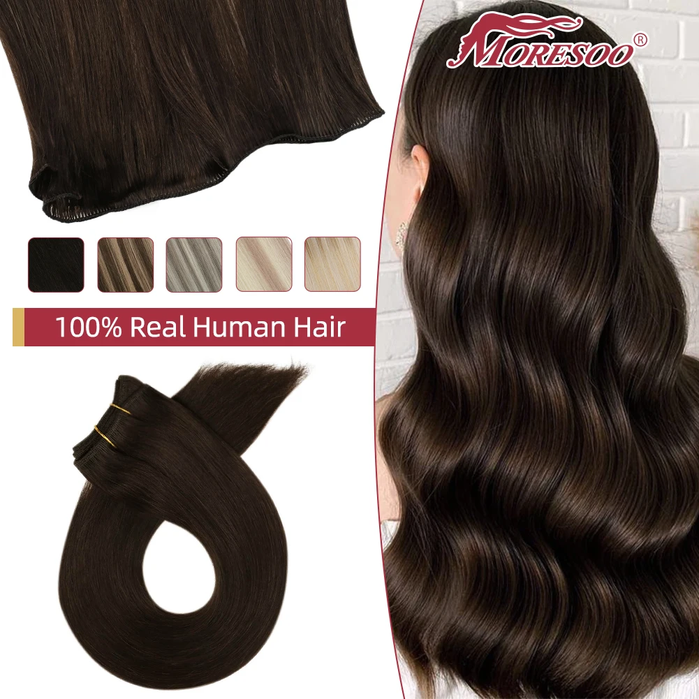 

Moresoo Human Hair Extensions Virgin Hair Hand Tied Weft Straight Brazilian 12 Months High Quality Sew in bundles Double Drawn