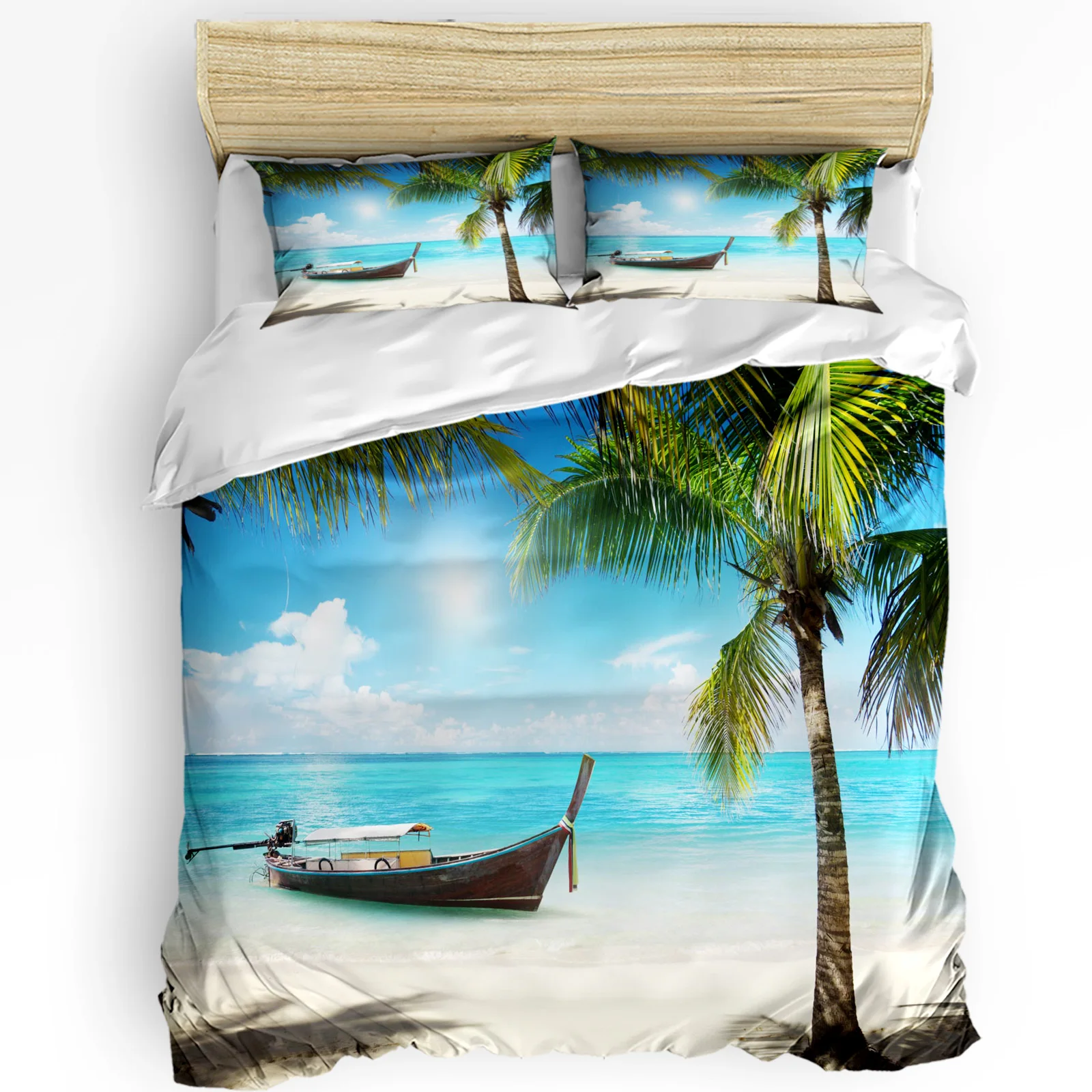 

Beach Coconut Tree Boat Printed Comfort Duvet Cover Pillow Case Home Textile Quilt Cover Boy Kid Teen Girl 3pcs Bedding Set