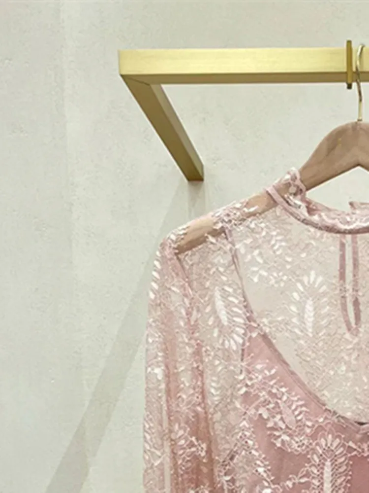 Women Shirt Pink Lace Two-Piece Long Sleeve Solid Loose Fit Blouses Translucent Top Sweet Spring Summer 2023
Women Shirt Pink Lace Two-Piece Long Sleeve Solid Loose Fit Blouses Translucent Top Sweet Spring Summer 2023