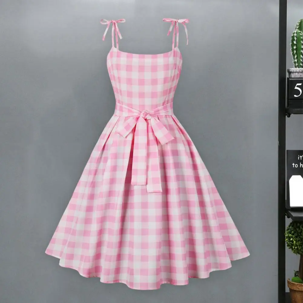 

Sling Dress Charming Pink Plaid Sleeveless Dresses with Lace-up Bowknot Hidden Zipper for Cocktail Parties Swing Dance Events