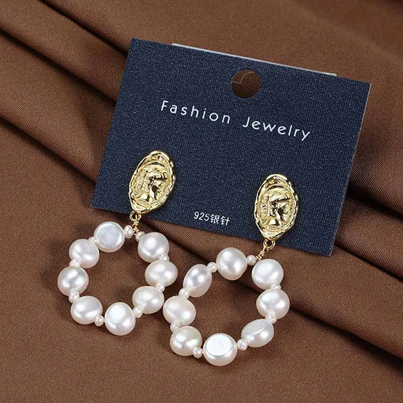 

Korean Fashion Natural Freshwater Pearl Drop Earrings for Women Irregular Baroque Pearls Beaded Circle Earrings Statement