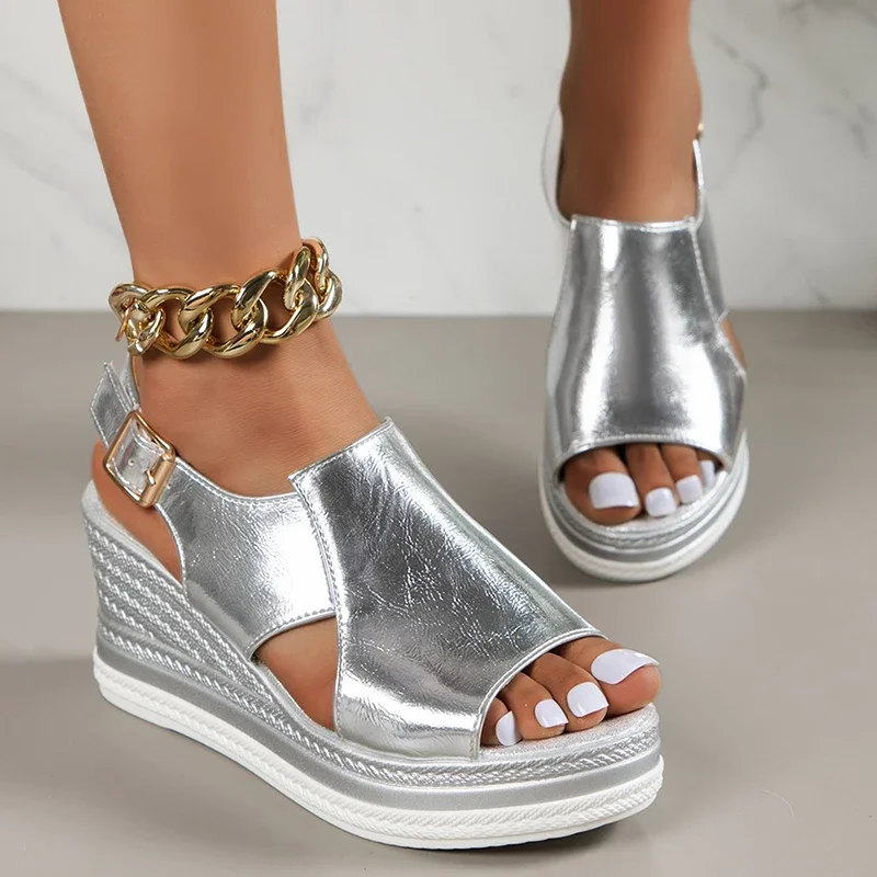 

2023 Gold Silver PU Leather Wedge Sandals for Women Summer Peep Toe Platform Sandles Woman Plus Size Thick Sole Sandalias Mujer