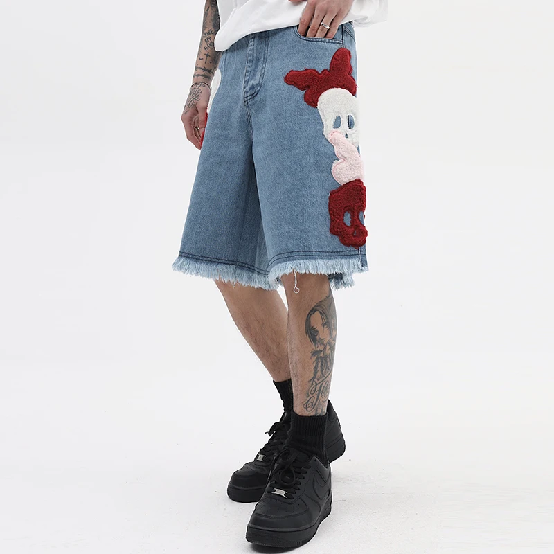 Towel Skull Embroidery Blue Black Jeans Shorts for Men Pockets Retro Ripped Streetwear Casual Denim Knee Length Pants Oversized
Towel Skull Embroidery Blue Black Jeans Shorts for Men Pockets Retro Ripped Streetwear Casual Denim Knee Length Pants Oversized