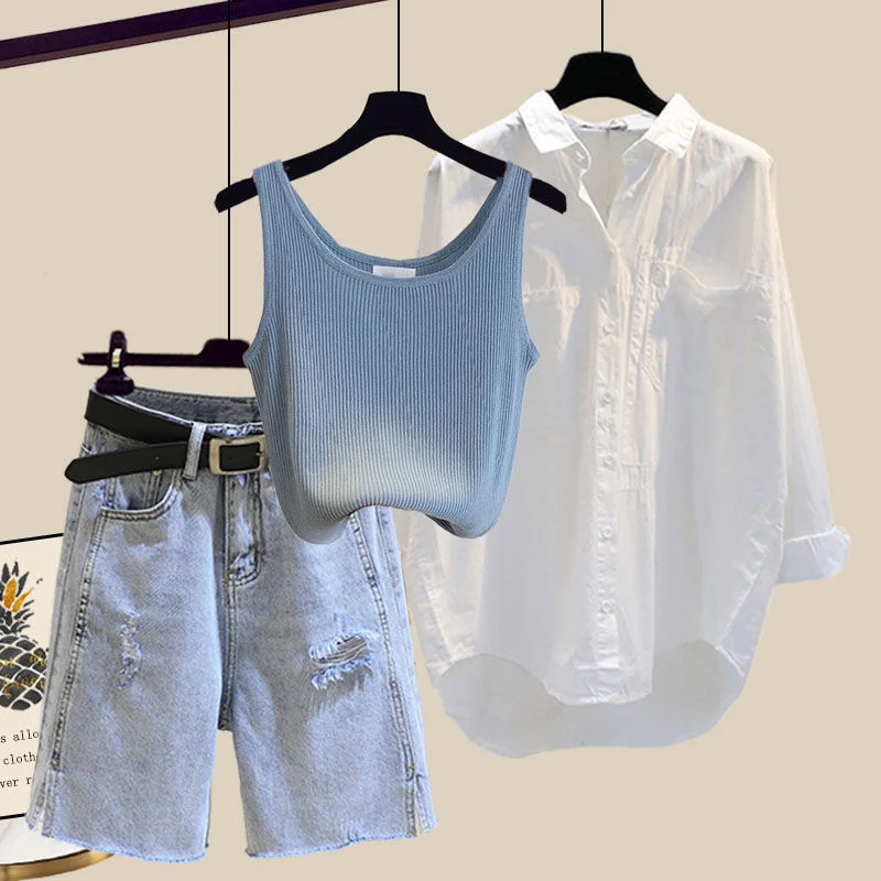 Streetwear Summer Women 3 Pieces Sets Knitted Vest+white Sunscreen Blouse+denim Shorts Sets For Women Y2k Outfits Plus Size 4XL
Streetwear Summer Women 3 Pieces Sets Knitted Vest+white Sunscreen Blouse+denim Shorts Sets For Women Y2k Outfits Plus Size 4XL