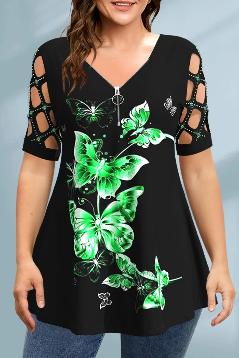 Women Summer T-Shirt V-neck Casual Butterfly Print Hollow Out Zipper Oversized Short Sleeve Tees Plus Size Elegant Streetwear
Women Summer T-Shirt V-neck Casual Butterfly Print Hollow Out Zipper Oversized Short Sleeve Tees Plus Size Elegant Streetwear